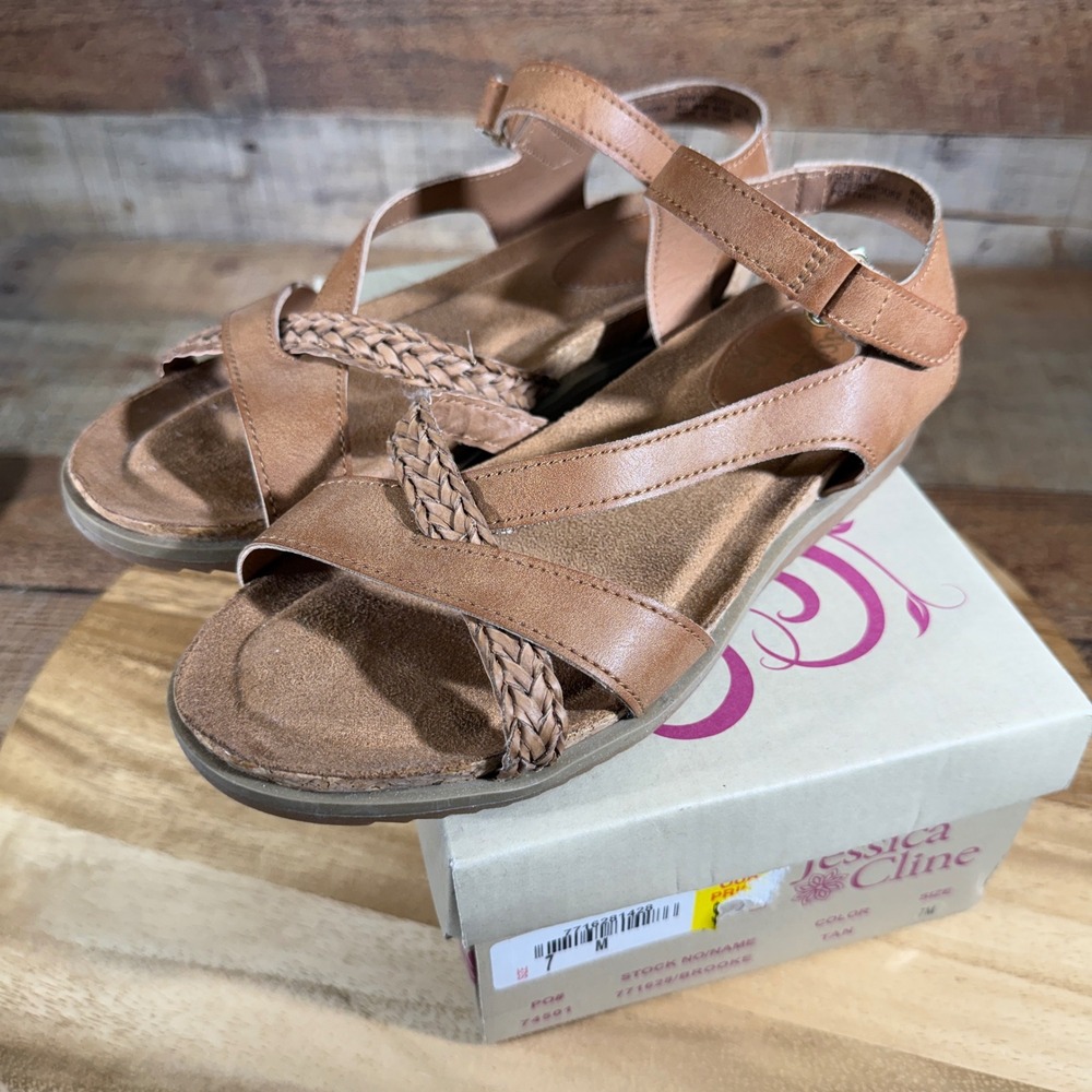 Jessica Cline Sandals Women 7 Tan Shoes Brooke Braided Strappy Wedge Comfort